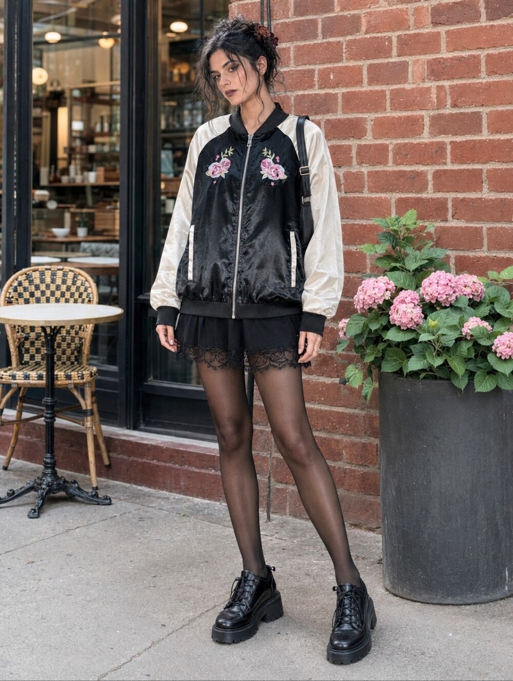 Embroidered Floral Satin Bomber Jacket Black Ivory L Dark Romantic Boho